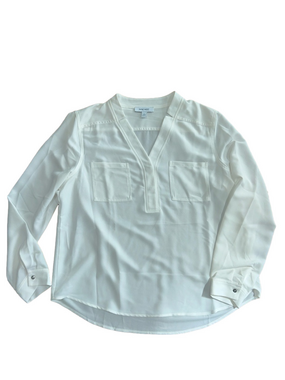 Nine West: Cream V-Neck Pocket Blouse: Size Large